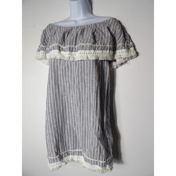 1. State Tunic Small Linen Chambray Off Shoulder Boho Blue White Stripe Cottage - Picture 2 of 12